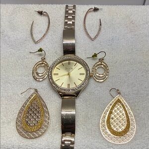 Gold Tone Women's Watch and Earring Set